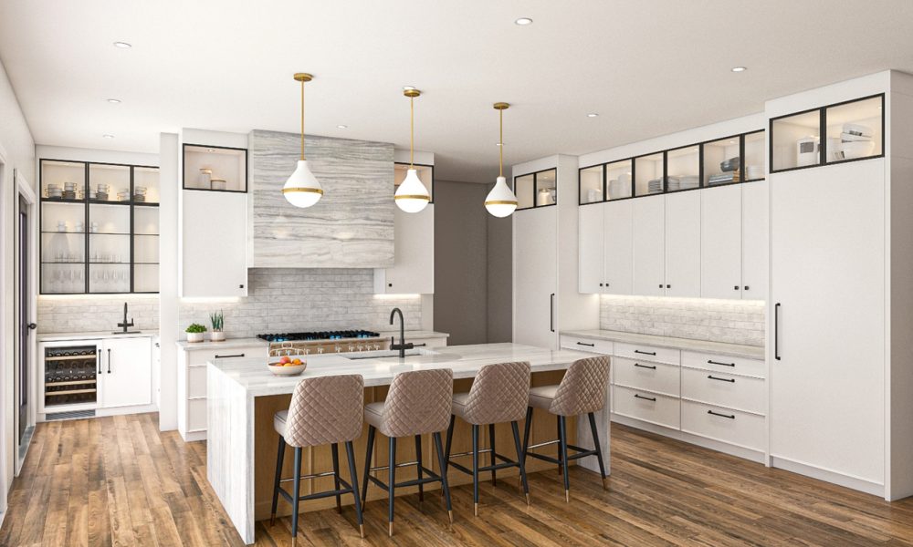 Bright and modern kitchen showcasing white cabinetry, stylish island seating, and warm wooden flooring. Additions include elegant pendant lights and plenty of storage. Perfect for contemporary home inspirations.